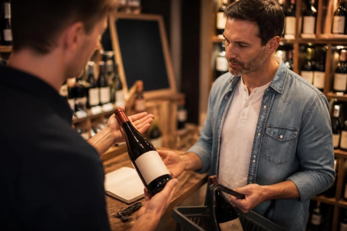 Caviste conseillant un client en boutique 